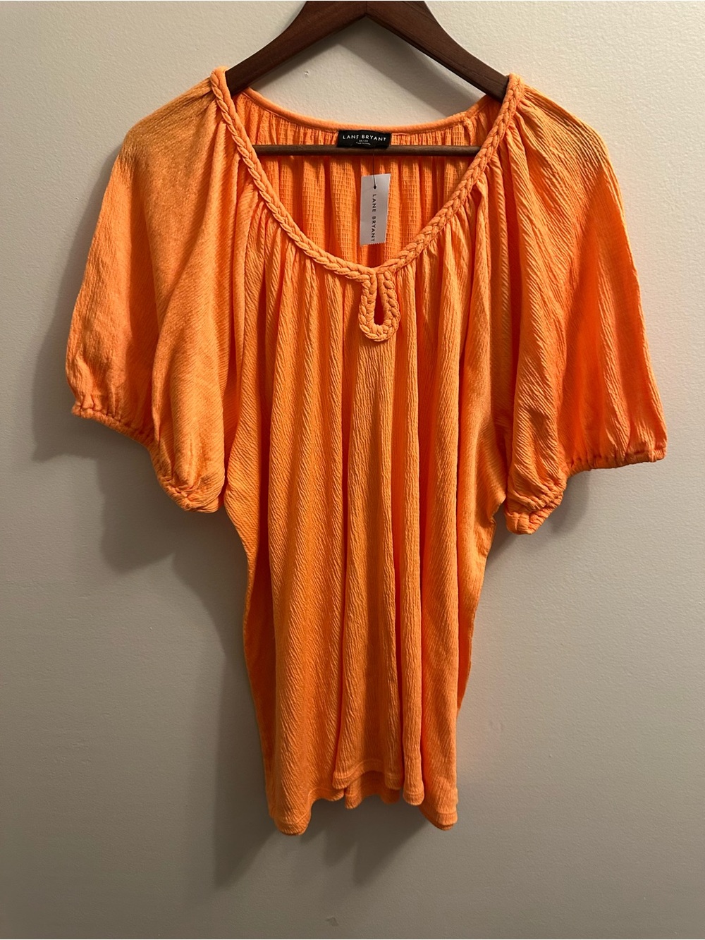 #459 Lane Bryant Bright Orange Braided-Neck Peasant Blouse